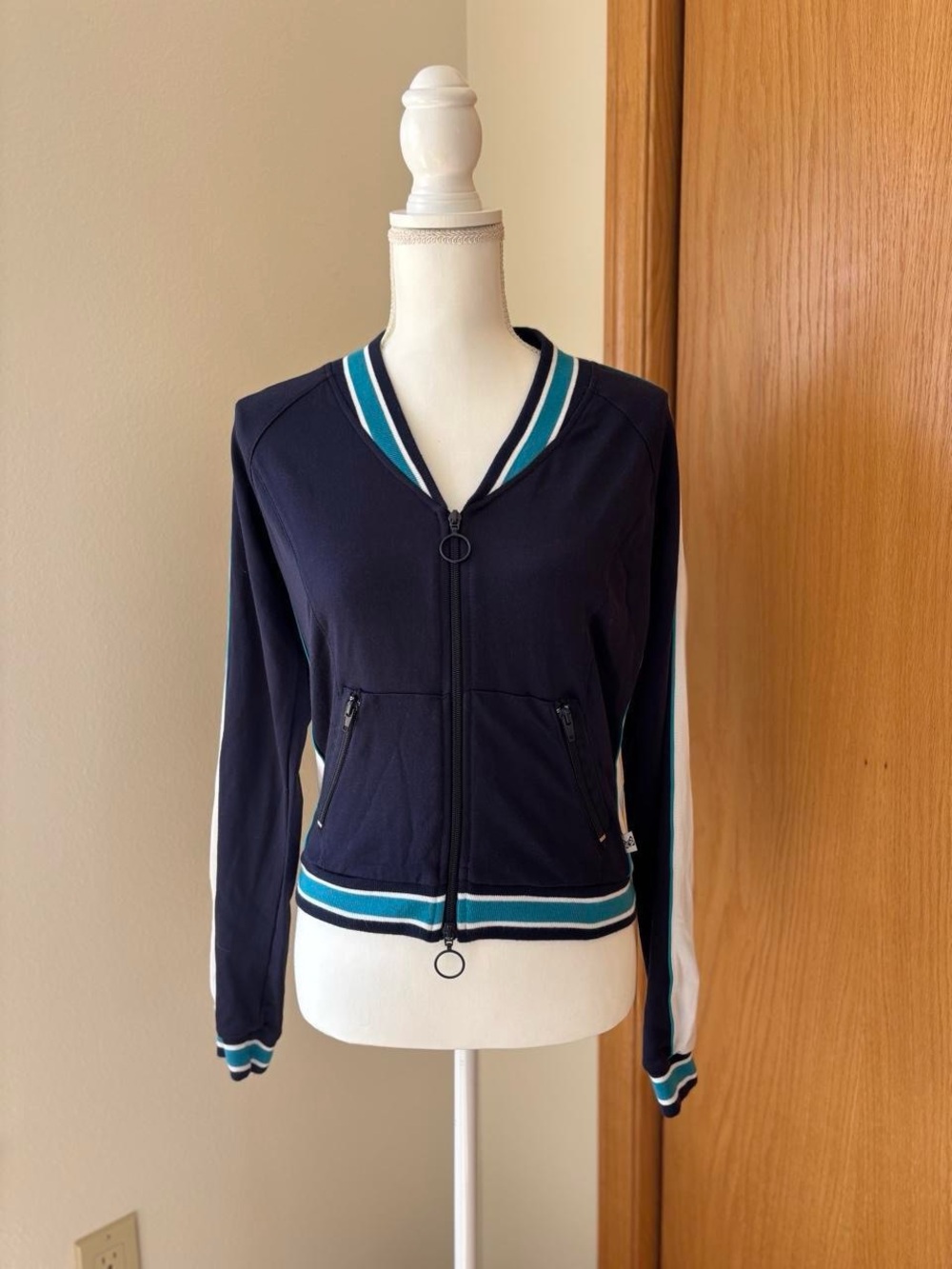Y2K Self Esteem Navy Zip-Up Varsity Jacket with Teal & White Trim